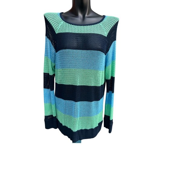 525 America Long Sleeve Rayon Striped Knit Sweater Blue & Green/Black Size XL - Picture 1 of 9